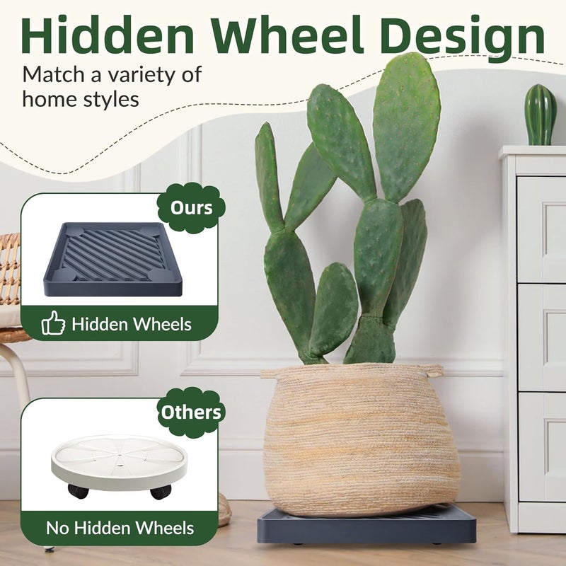 REDHUGO 2PCS Square Plant Caddy with Hidden Wheels, Heavy Duty Rolling Plant Stand Caddy with Wheels, Pot Base for Indoor Outdoor, Gray, 14 inches - Image 5